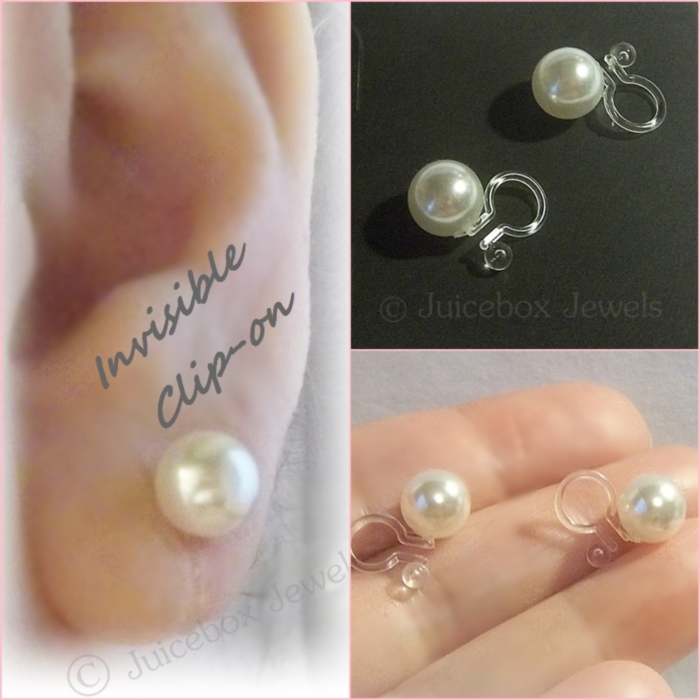 Invisible Clip-on Earrings 8 mm White Faux Pearls